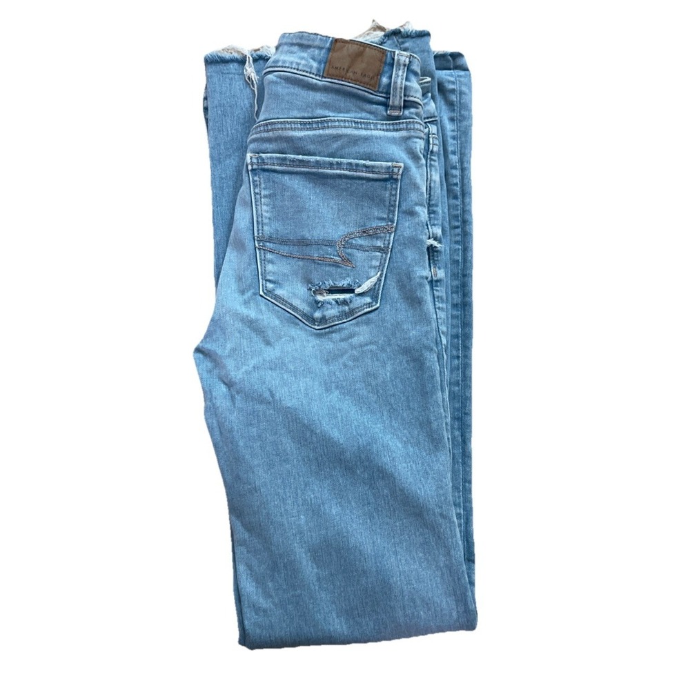 American Eagle Denim Jeans Super High Rise Flare Distressed Blue Women's Size 2 - Picture 3 of 7